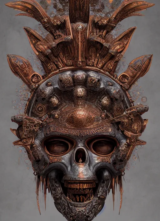 Image similar to Helmet of a forgotten Aztec Deity, bones, copper elements, extremly detailed digital painting, in the style of Tomasz Alen Kopera and Fenghua Zhong and Peter Mohrbacher, mystical colors, rim light, beautiful lighting, 8k, stunning scene, raytracing, octane, trending on artstation