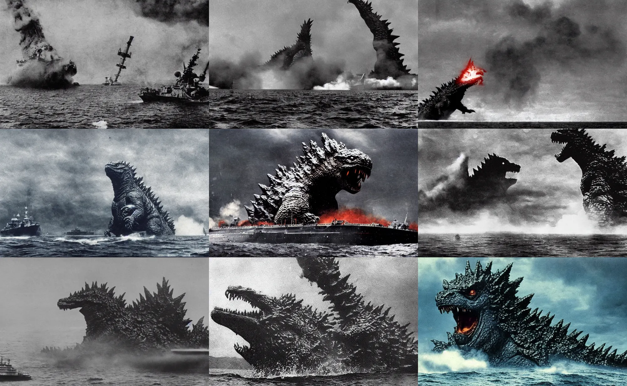 Prompt: Godzilla eating a warship closeup