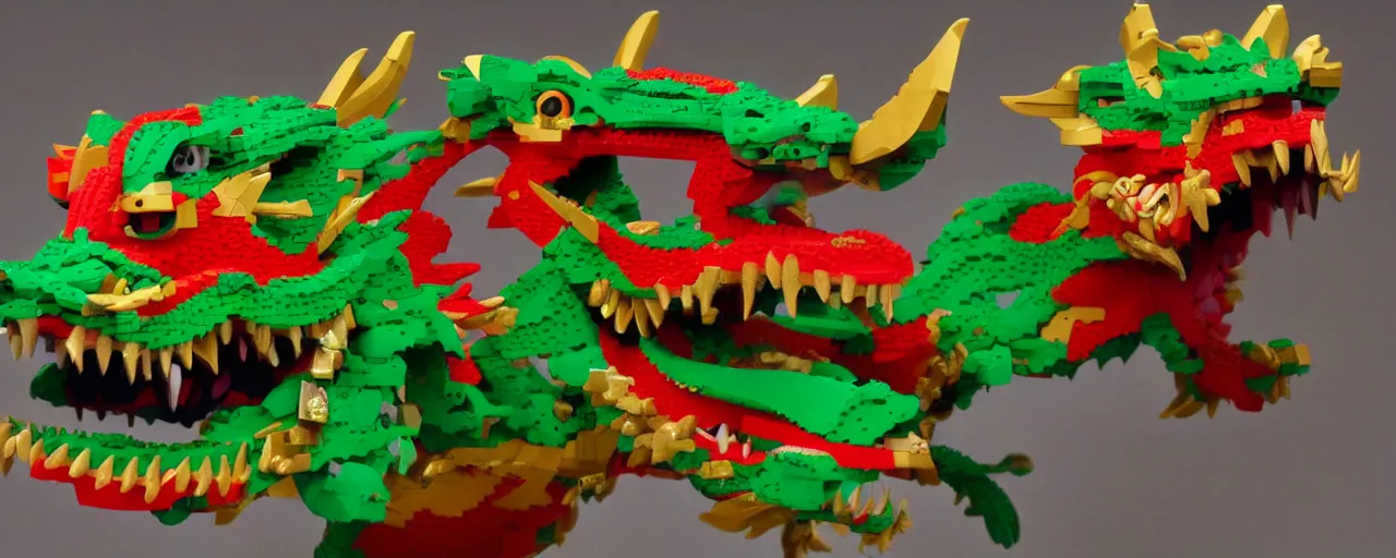 Prompt: Chinese beautiful dragon, with green and red scales, golden mask, sharp teeth, made of LEGO, in the style of LEGO