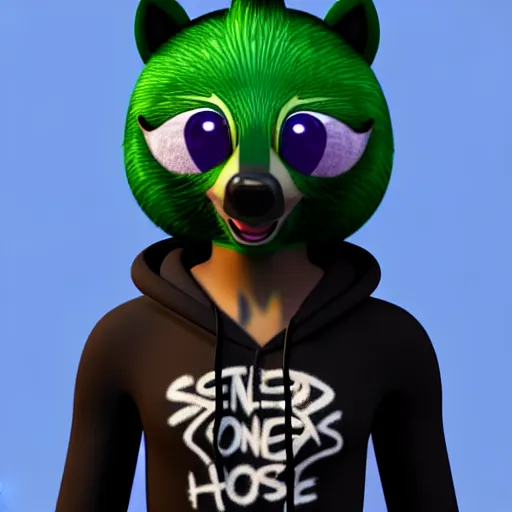 Image similar to a relaxed stoner with a black hoodie on with a marijuana themed dark green raccoon head from my little pony, 3 d, blender 3 d, render, extremely detailed, 8 k, has cracked red eyes