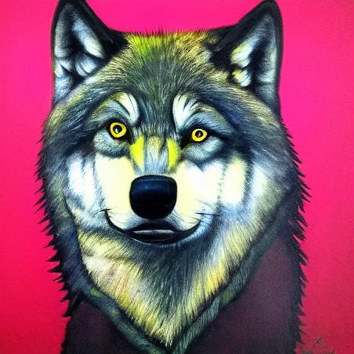 Prompt: wolf portrait, frida art style