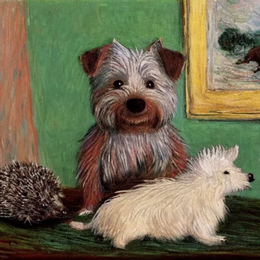 Image similar to a westie dog biting a stuffed hedgehog in a living room by monet