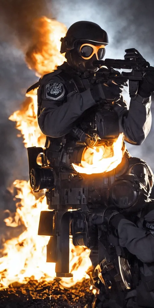 Image similar to portrait of a burning swat agent with a tactical helmet and goggles holding a machine gun, flames, at night, mid shot, editorial photography