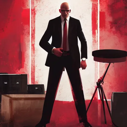 Image similar to a portrait of agent 4 7 from hitman wearing headphones, sitting in a room full of vinyl records, dark background, red rim light, highly detailed, digital art, artstation, concept art, smooth, sharp focus, greg rutkowski, wlop