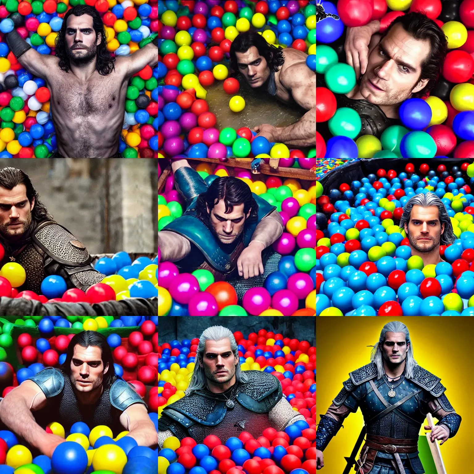 Prompt: Henry Cavill as Geralt of Rivia from the Witcher tv series swimming in a ball pit for kids full of colorful balls, very realistic photo, instagram post 4k
