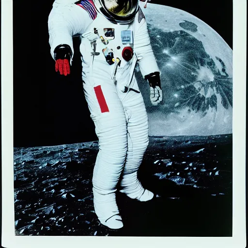 Prompt: medium - shot outside studio photo of david bowie!! in a space suit on the moon!! surface!!, visible!!! face!!,, by warhol,