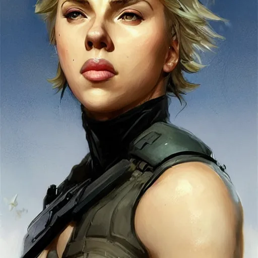 Image similar to old solid snake played by by mature scarlett johansson, face portrait, hd shot, digital portrait, elegant, beautiful, fantasy art, artstation, comic style, by artgerm, guy denning, jakub rozalski, magali villeneuve and charlie bowater