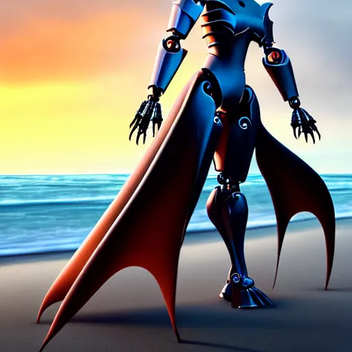 Image similar to full body pose, realistic detailed stunning beautiful anthropomorphic robot female dragoness, doing an elegant pose with hand on hip, looking to the side, sleek streamlined armor and design, sharp claws, sleek head, long tail, standing on two legs, wearing a fabric cloak that blows in the wind from behind, on the beach during sunset, high quality, cinematic art, sunset lighting, artstation, deviantart, furaffinity