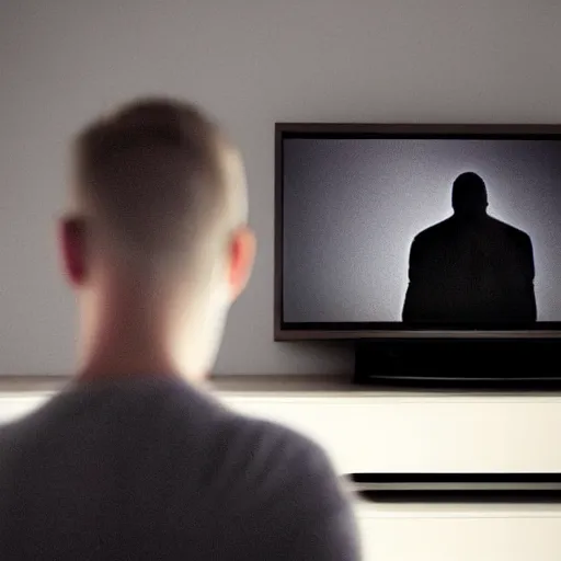 Prompt: cursed photograph of a man watching a shadowy figure on TV, in the style of the movie the pulse,