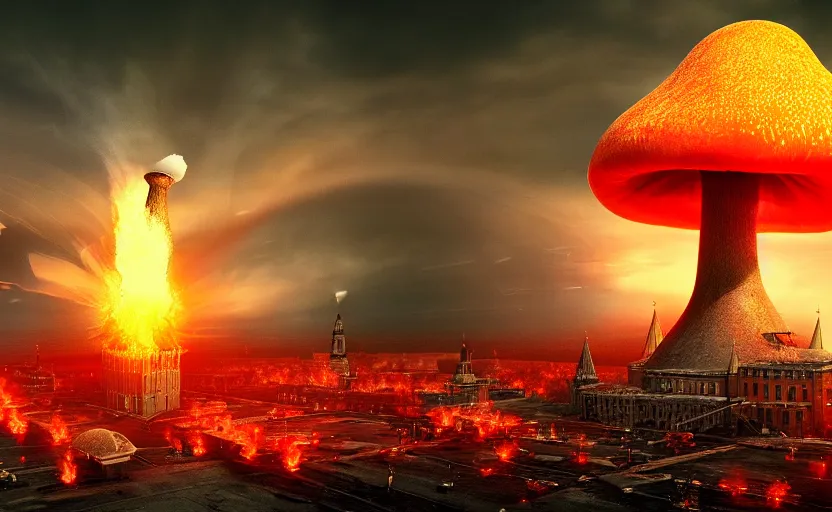 Image similar to nuclear explosion with realistic nuclear mushroom in Red Square Kremlin, cinematic shot, extremely high detail, photo realistic, cinematic lighting, post processed, artstation, matte painting, digital painting