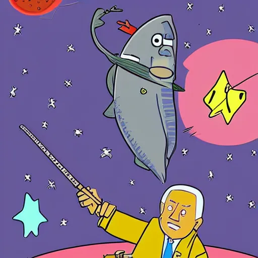 Prompt: joe biden fishing in space, cartoon style, space, stars, fishing pole,