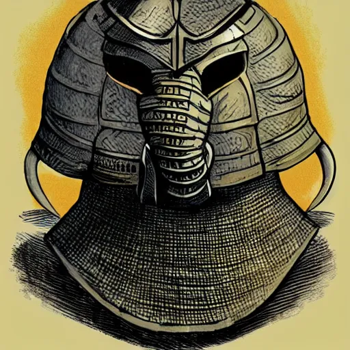 Image similar to armored knight wearing an elephant shaped helmet, pulp fantasy illustration