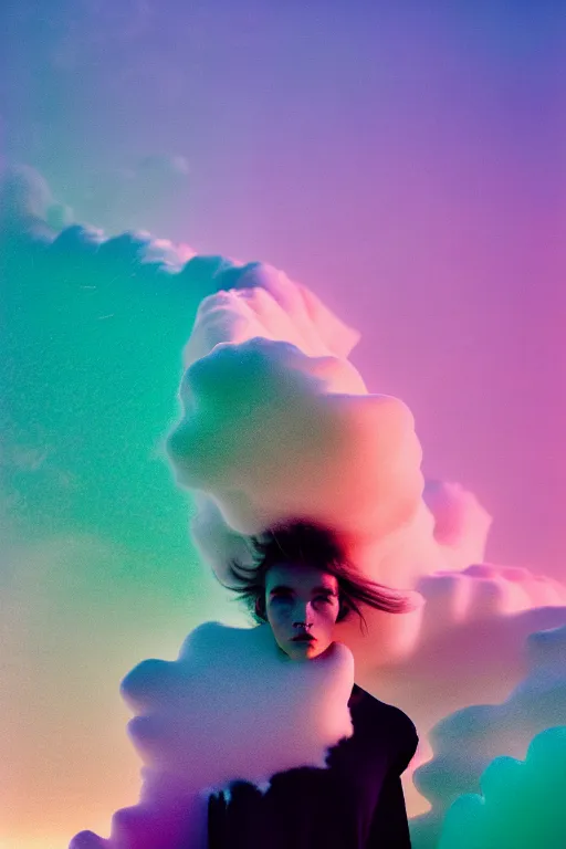 Image similar to high quality pastel coloured film close up wide angle photograph of a model wearing clothing swimming on cloud furniture in a icelandic black rock!! environment in a partially haze filled dreamstate world. three point light, rainbow. photographic production. art directed. pastel colours. volumetric clouds. pastel gradient overlay. waves glitch artefacts. extreme facial clarity. 8 k. filmic.