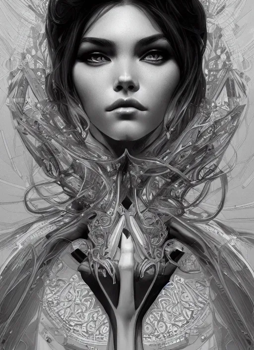 Prompt: symmetry!! madison beer, machine parts embedded into face, intricate, elegant, highly detailed, digital painting, artstation, concept art, smooth, sharp focus, illustration, art by artgerm and greg rutkowski and alphonse mucha, 8 k