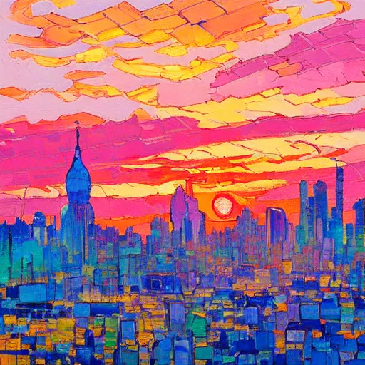 Prompt: a painting of a sunset over a cityscape with buildings in the background, an oil painting by erin hanson and stanton macdonald wright, deviantart, american impressionism, rich color palette, impressionism, fauvism, cgsociety, lyrical abstraction, cityscape, dystopian art