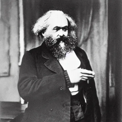 Image similar to Karl Marx looking at ipone, photo, 1920
