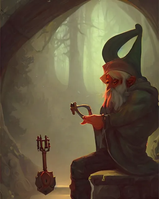 Prompt: male fantasy gnome spy, wearing a hooded cloak, playing a magical mandolin, shadowy figure by peter mohrbacher, artstation