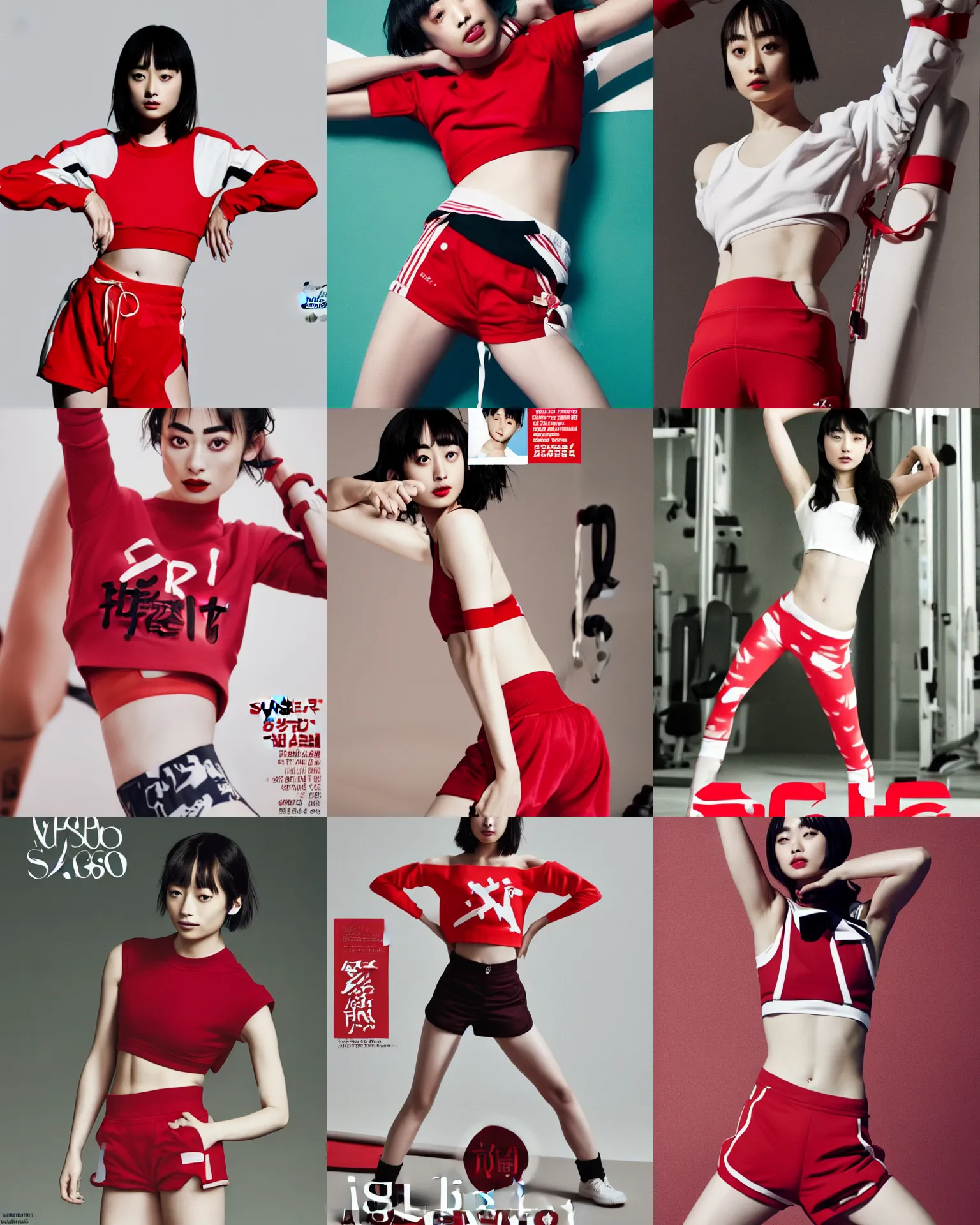 Prompt: suzu Hirose wearing crop red gym top with white lettering, cropped red yoga short, advertising editorial by Mario Testino, masterwork