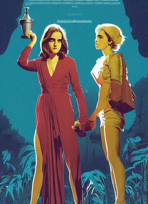 Prompt: poster artwork by Michael Whelan and Tomer Hanuka, Karol Bak Emma Watson and Kiernan Shipka in beauty pageant, from scene from Twin Peaks, clean