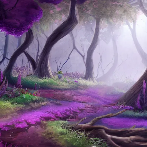 Prompt: wispy woods with purple leaves and otherworldly foliage, a dirt path going down the middle, concept art, detailed, vivid, intricate, 4 k