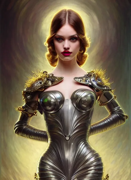 Prompt: glamorous minion, seductive eyes and face, elegant, lascivious pose, very detailed face, studio lighting, photorealism, wearing futuristic armor , portrait by Magali Villeneuve and Steve Argyle,Livia Prima,Mucha,dress,fantasy art,beautiful,artstation,trending on artstation,intricate details,alluring,masterpiece