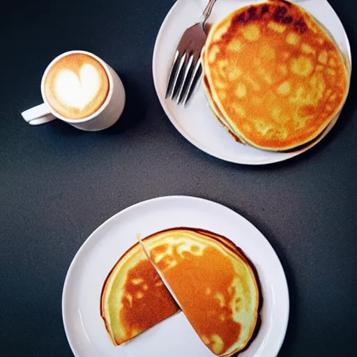 Prompt: fluffy pancakes, coffee in the style of bansky