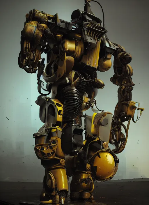 Image similar to a photorealistic dramatic hyperrealistic render of a futuristic exosuit power loader heavy machinery, ultra realistic details, glossy yellow, well worn, rust, oil stains by vitaly bulgarov and mike nash, beautiful dramatic dark moody tones and lighting, cinematic atmosphere, studio lighting, global illumination, shadows, dark background, octane render, 8 k