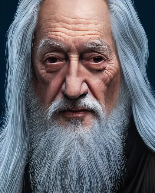 Image similar to portrait of 8 0 - year - old man, with blue eyes, very long silver hair, and very long silver beard, a long crooked nose, dumbledore, wearing in black cloak, hyper realistic face, beautiful eyes, character art, art by mark brooks, hyperdetailed, cryengine, trending on artstation, digital art