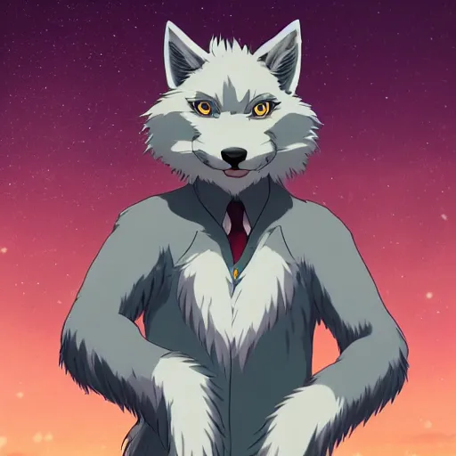 Prompt: key anime visual still portrait of beastars anthropomorphic anthro male grey wolf furry fursona, handsome eyes, cream color fur, school uniform, in a city park at night, official studio anime still