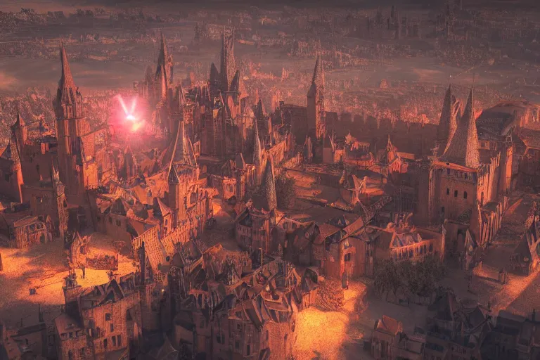 Image similar to medieval city with a huge castle in the center, red sun, top view, steampunk, mechanics, render, 8k, trending on artstation, volumetric light, lightrays, HDR, ambient occlusion, subsurface scattering, cinematic scene, steampunk style, fantasy