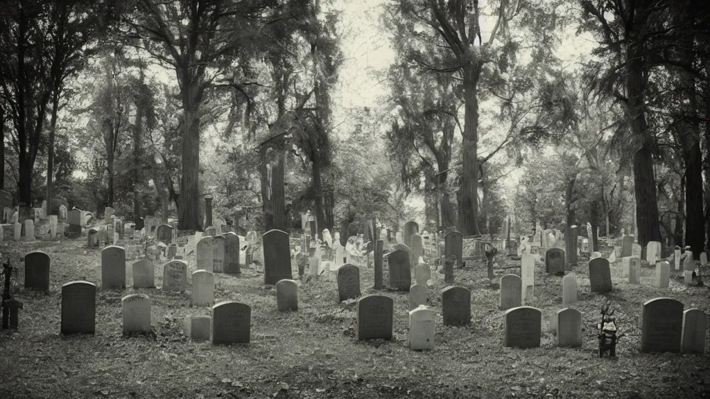 Prompt: A scene of a few tombstones in a forested cemetery from a Tim Burton and Wes Anderson movie, double-exposure of people in victorian dress style of pinhole photography,