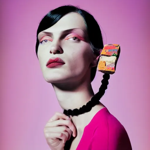 Image similar to a studio close - up portrait of a beautiful fashion model holding a brick to her ear. surreal photograph, lo - fi, polished look, silly and serious, hermes ad, fashion photography, toiletpaper magazine by pierpaolo ferrari and maurizio cattelan, 3 5 mm photograph, colourful, by pierpaolo ferrari, maurizio cattelan, david lachapelle