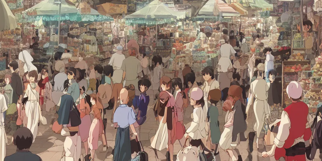 Prompt: Shoppers Choose Magical Female Slaves in Huge Market, 4K Digital Painting by Studio Ghibli Hayao Miyazaki, Very Sharp and Detailed, Trending on ArtStation