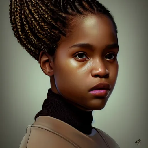 Image similar to a photorealistic hyperrealistic, bright brown eyes, light skinned african young girl, ponytail hair, flawless face, beautiful eyes, cute face, black turtle neck shirt, by wlop, artgerm, greg rutwoski, alphonse mucha, beautiful dynamic dramatic low - light moody lighting, cinematic atmosphere, artstation, concept design art, octane render, 8 k