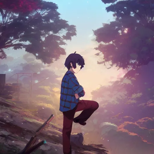 Image similar to ape wearing a flannel shirt, building in carpenter workshop, landscape illustration concept art anime key visual trending pixiv fanbox by wlop and greg rutkowski and makoto shinkai and studio ghibli and kyoto animation