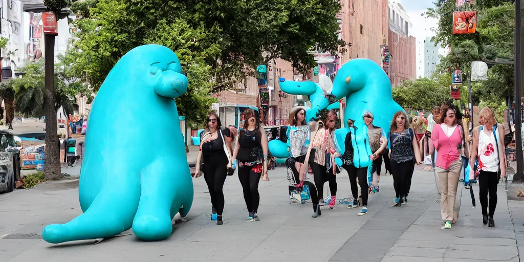 Image similar to huge turquoise weenies walk around the city