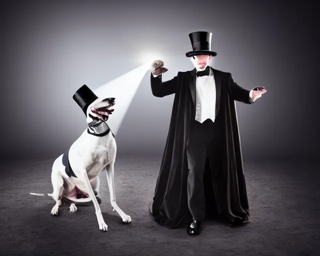 Prompt: greyhound wearing a black cloak and a top hat, under a spotlight, magician dog performing on stage, dapper greyhound