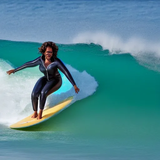 Prompt: oprah winfrey surfing in the ocean, photograph portrait, 4 k high definition photography