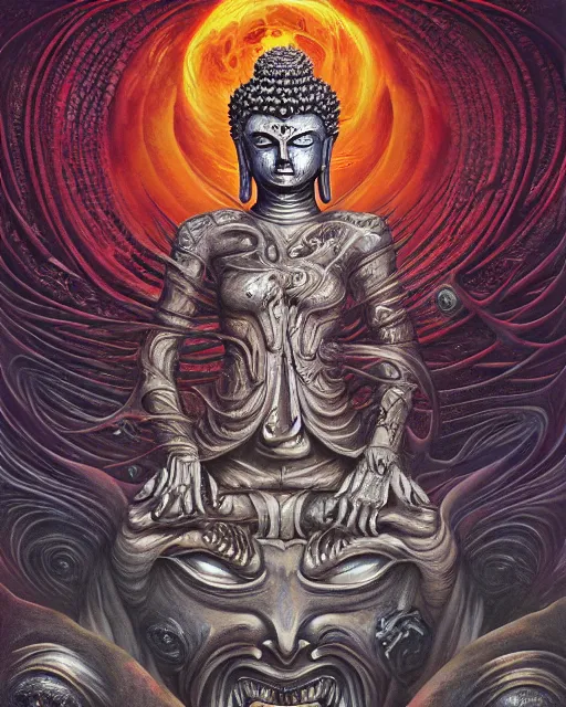 Image similar to fleshmetal buddha, by antonio j. manzanedo, giger, alex grey, android jones, wayne barlowe, philippe druillet, raymond swanland, cyril rolando, josephine wall, harumi hironaka, trending on artstation