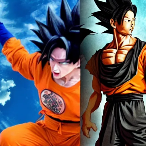 Image similar to keanu reeves as songoku in live action dragon ball movie