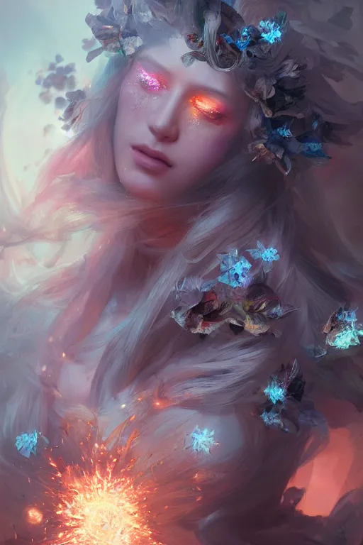 Prompt: face closeup beautiful girl witch covered with crystals exploding into another dimension, 3 d render, hyper realistic detailed portrait, holding magic flowers, ruan jia, wlop. scifi, fantasy, hyper detailed, octane render, concept art, peter mohrbacher