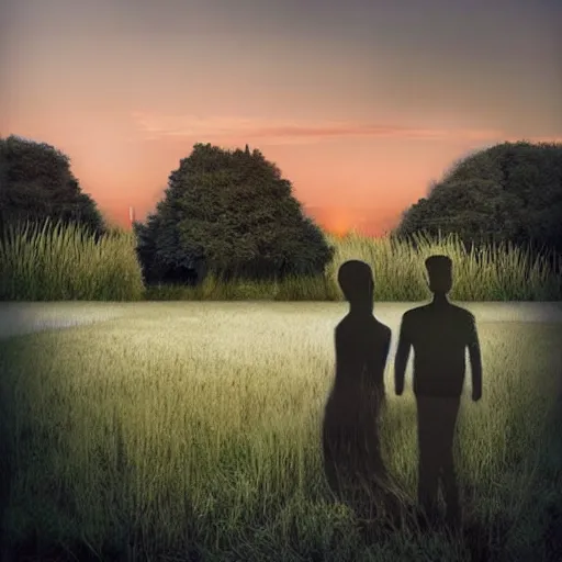 Prompt: A beautiful street art of a man and a woman in a field of tall grass with the sun setting behind them rose by Bjarke Ingels, by Mark Brooks minimalist