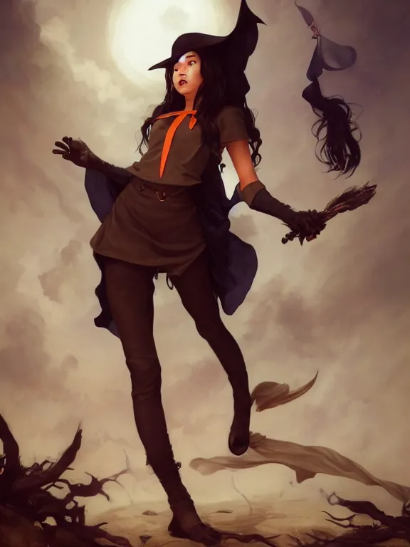 Image similar to Full shot of a mischievous young witch about to get up to some trouble. Latin American fashion. Black and Orange palette. Latina girl. brown skin. Symmetrical facial features. By Ruan Jia and Artgerm and Range Murata and WLOP and Ross Tran and William-Adolphe Bouguereau. Key Art. Fantasy Illustration. award winning, Artstation, intricate details, realistic, Hyperdetailed, 8k resolution.