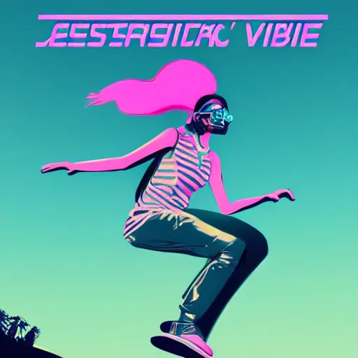 Image similar to aestethic, vibes, synthwave, cyperpunk girl riding a flying skateboard along the coastline