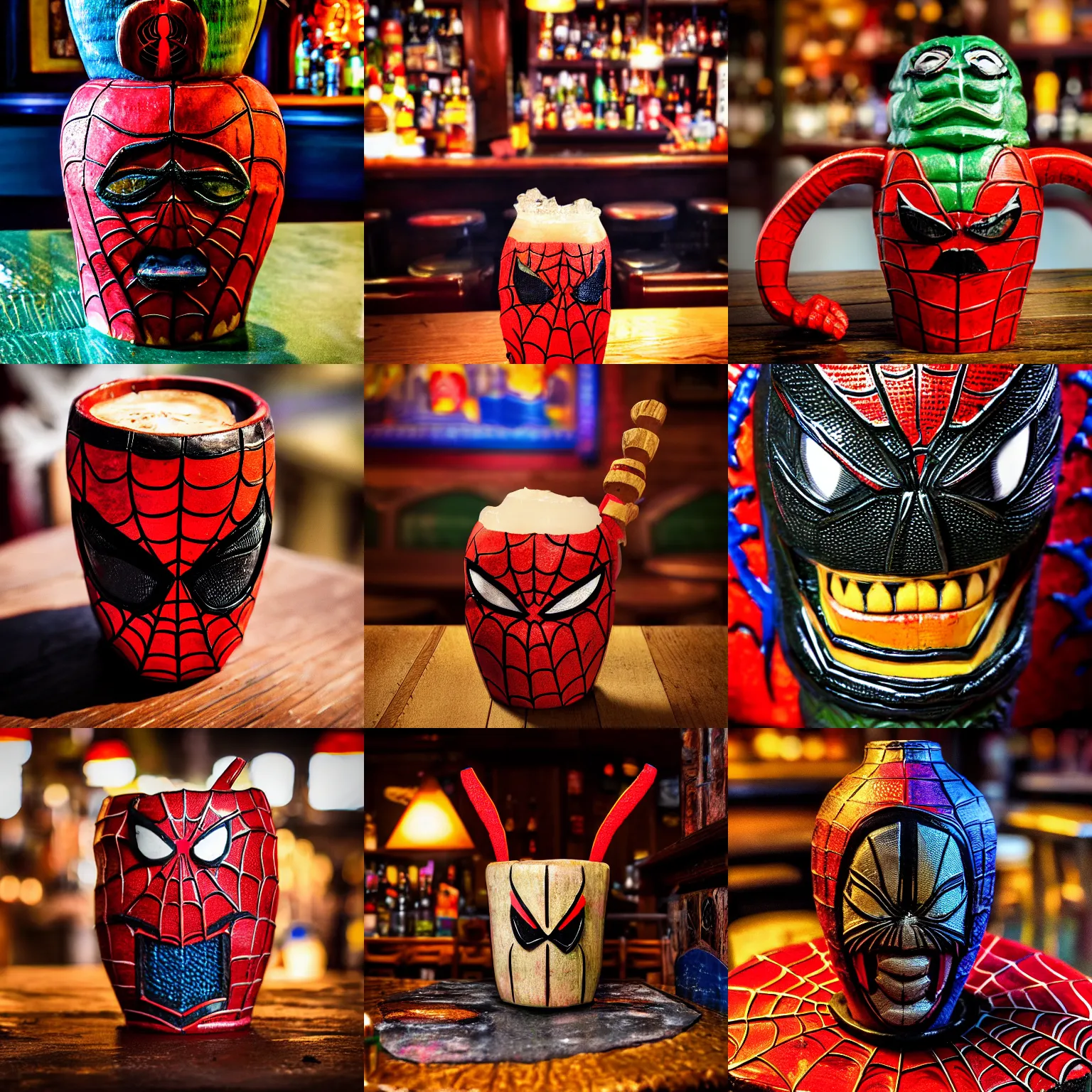 Image similar to a closeup photorealistic photograph of a spider man style tiki mug sitting at a trader vic's bar featuring spider man's face. tiki theme. bright scene. fine detail. this 4 k hd image is trending on artstation, featured on behance, well - rendered, extra crisp, features intricate detail, epic composition and the style of unreal engine.