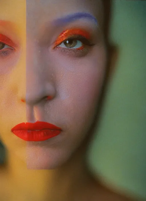 Image similar to extra close-up, color film photography, portrait of woman with vitiligo, in style of nan goldin, blue hour, 35mm, film photo