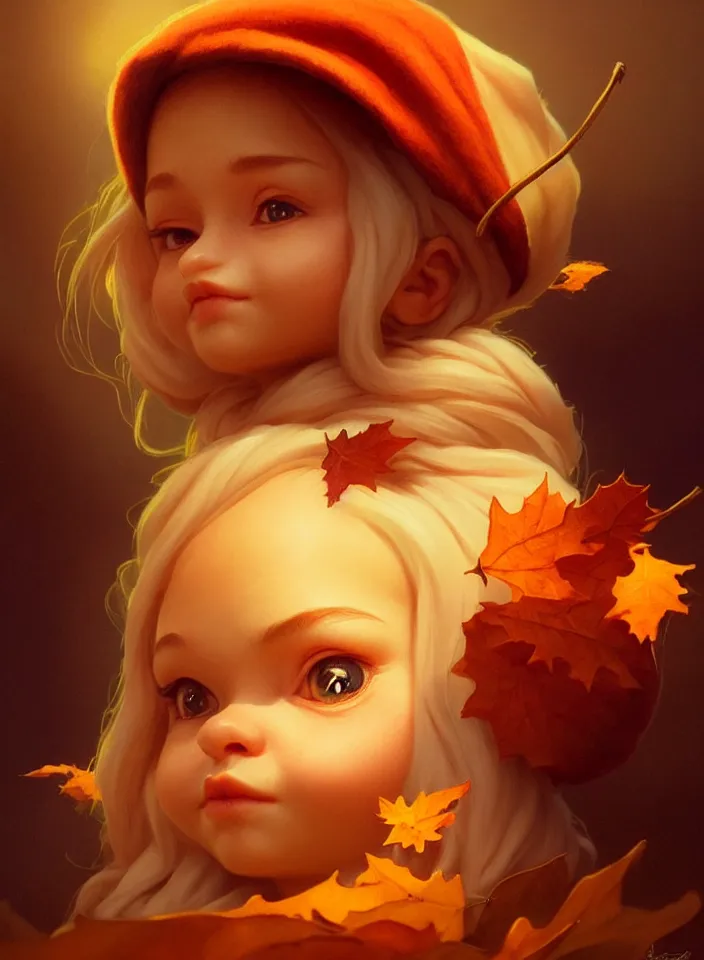 Image similar to hand drawn cute one gnomes face in autumn and pumpkin, detailed closeup face, concept art, low angle, high detail, warm lighting, volumetric, godrays, vivid, beautiful, trending on artstation, art by artgerm and greg rutkowski and alphonse mucha