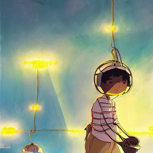 Image similar to a dream machine conncted to a boy with a helmet and electric cable with colorfull rays of light illuminate the environment by vanessa morales, studio ghibli,