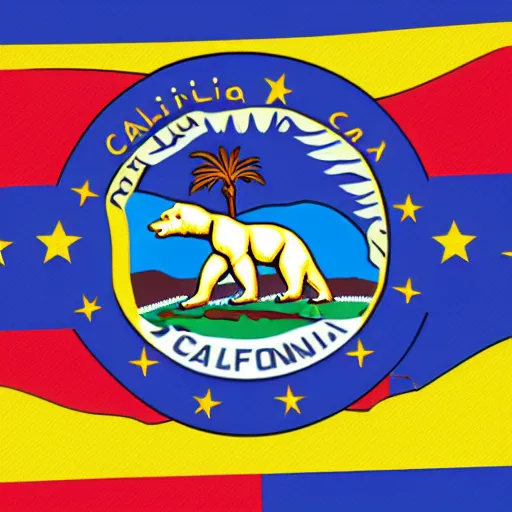 Prompt: California state flag with a robot riding on top of the bear