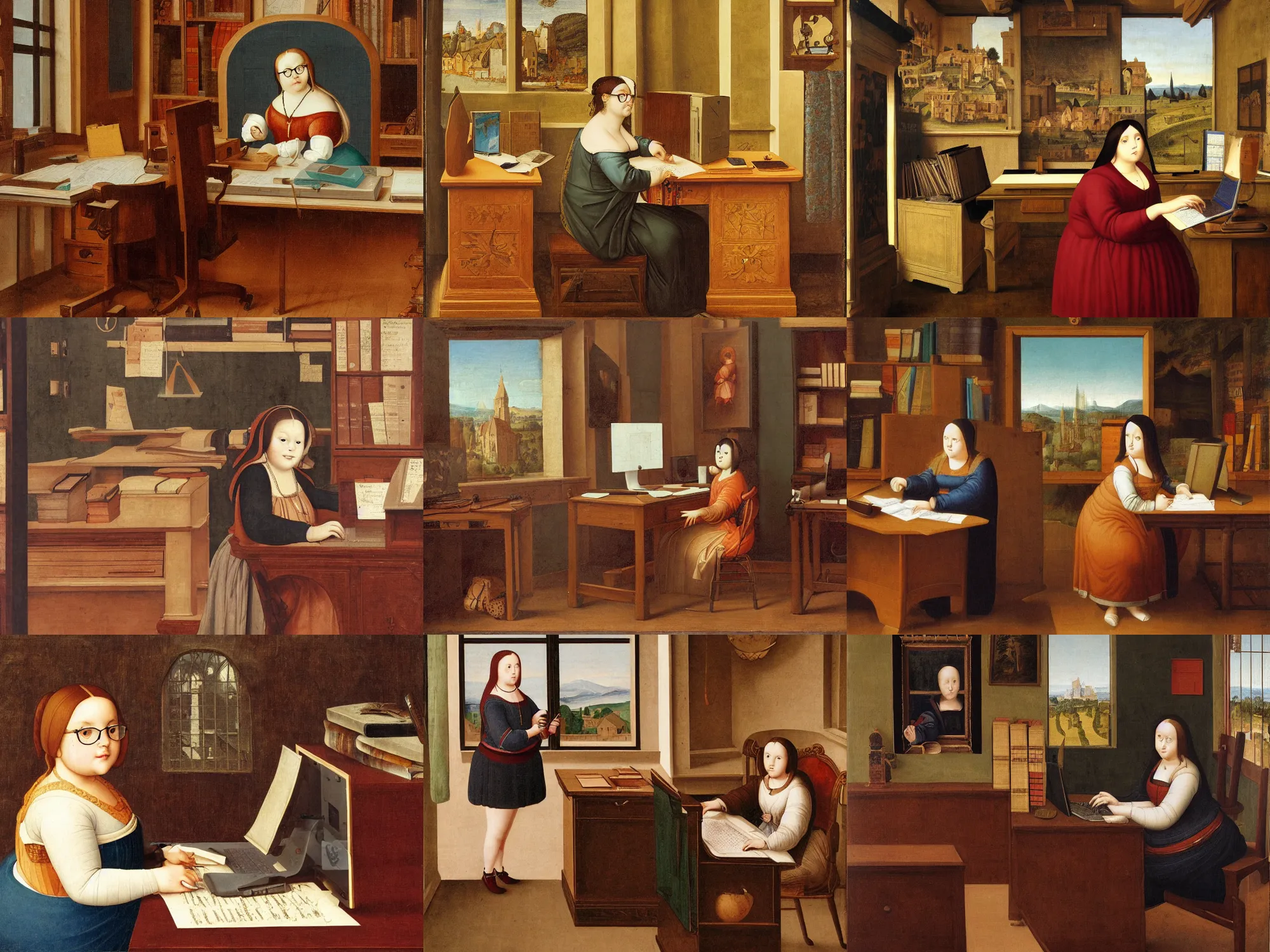 Prompt: an office with a chubby girl with glasses in front of a computer typing, renaissance, wooden frame painting